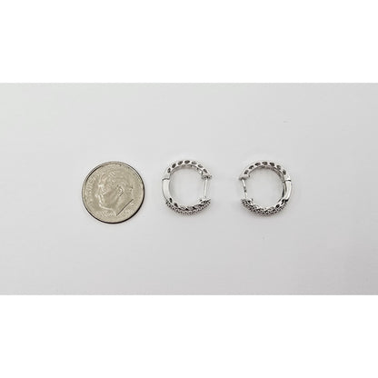10K White Gold Round Diamond Hinged Hoop Huggie Earrings