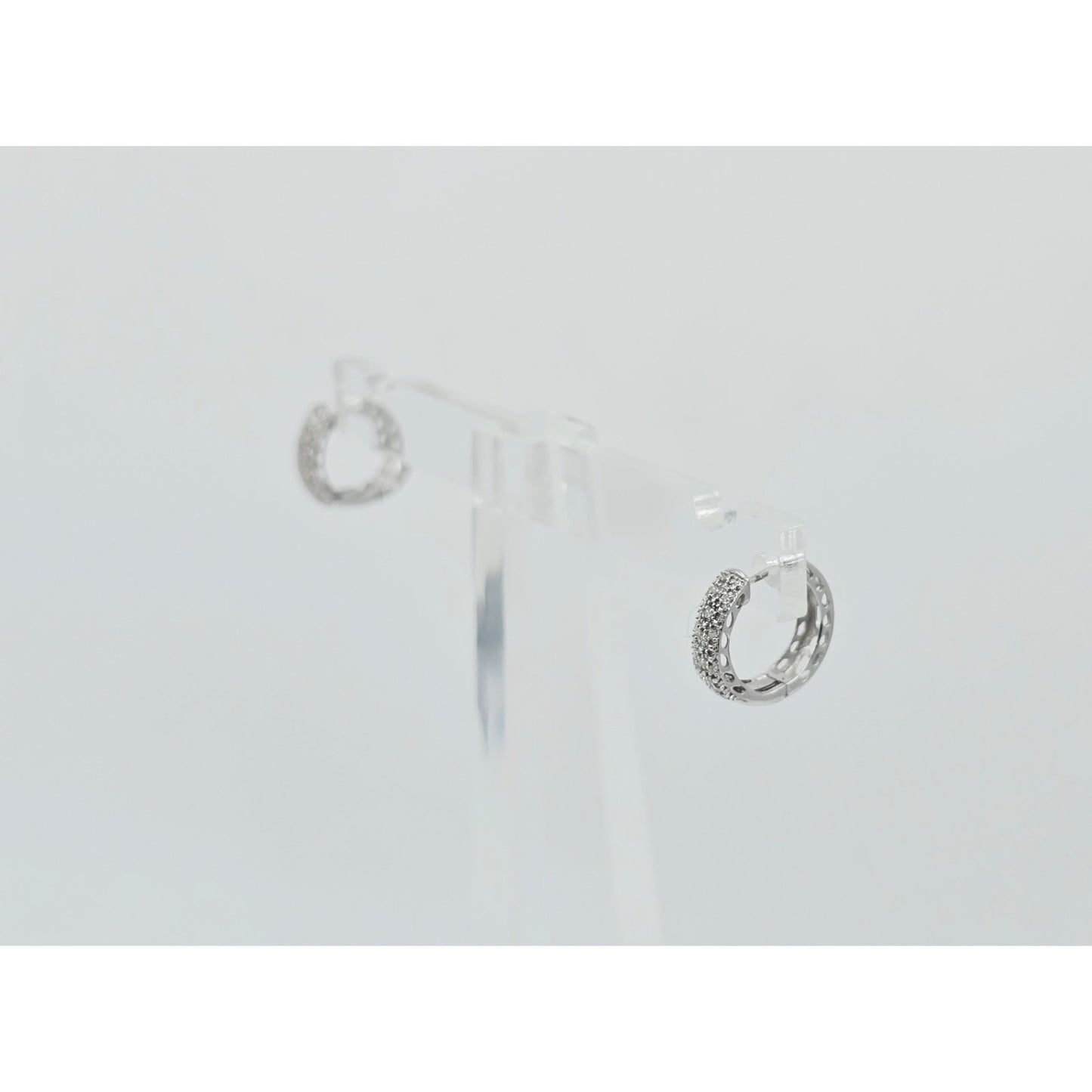 10K White Gold Round Diamond Hinged Hoop Huggie Earrings