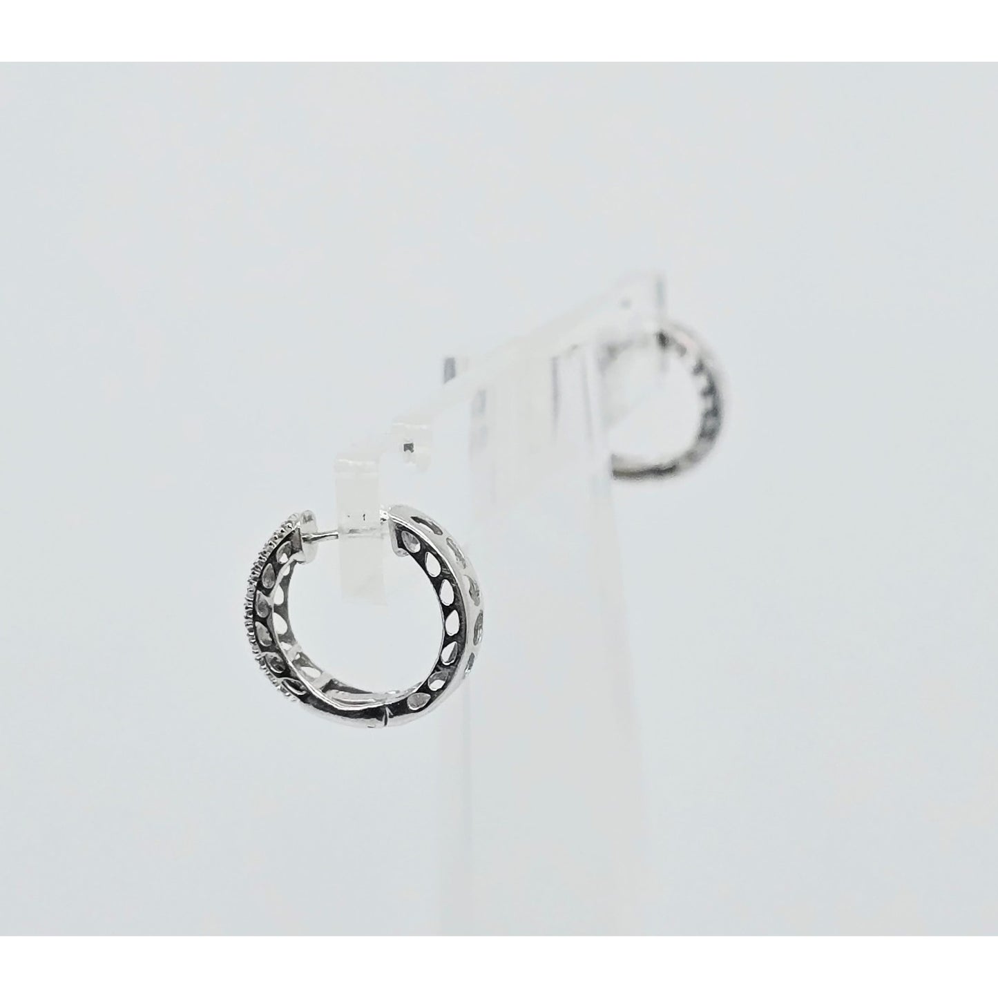 10K White Gold Round Diamond Hinged Hoop Huggie Earrings