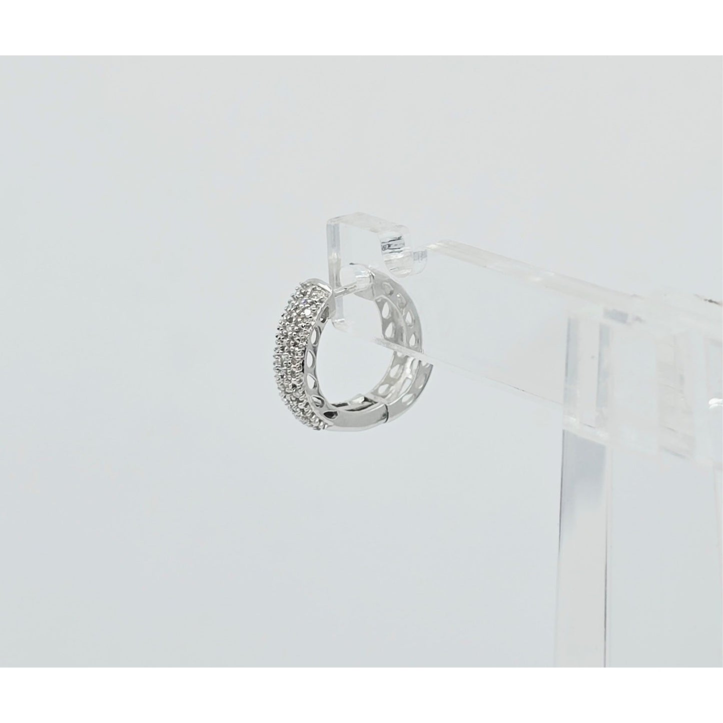 10K White Gold Round Diamond Hinged Hoop Huggie Earrings