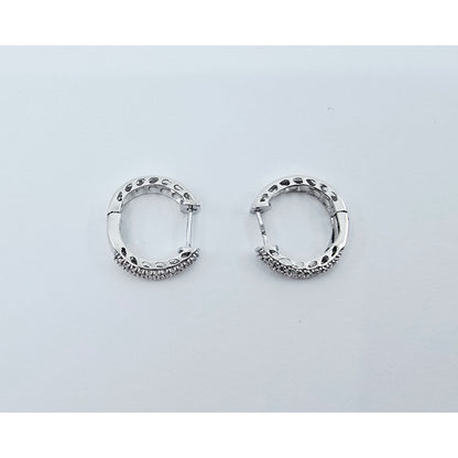 10K White Gold Round Diamond Hinged Hoop Huggie Earrings