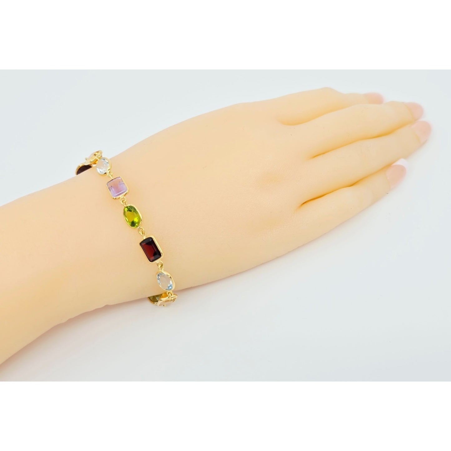 18K Yellow Gold Multi Colored Gemstone Link Bracelet