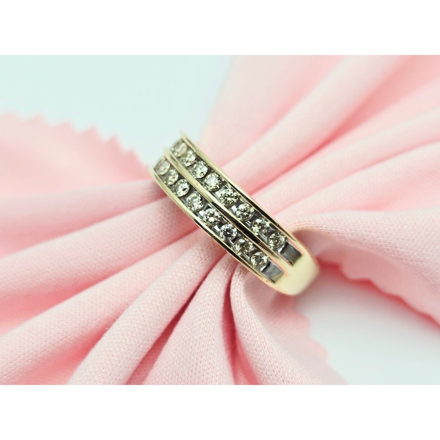 14K Yellow Gold Double Row Diamond Wedding Band Ring