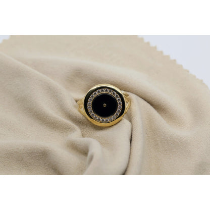14K Yellow Gold Round Shaped Onyx & CZ Ring