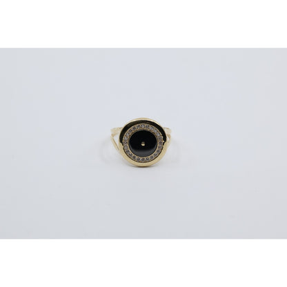 14K Yellow Gold Round Shaped Onyx & CZ Ring