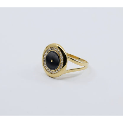 14K Yellow Gold Round Shaped Onyx & CZ Ring