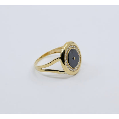 14K Yellow Gold Round Shaped Onyx & CZ Ring