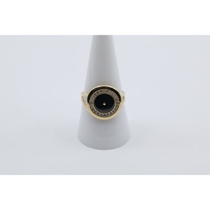 14K Yellow Gold Round Shaped Onyx & CZ Ring