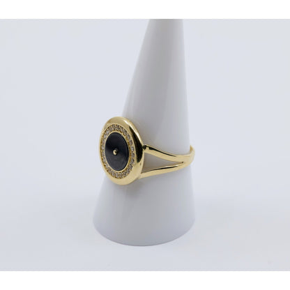 14K Yellow Gold Round Shaped Onyx & CZ Ring