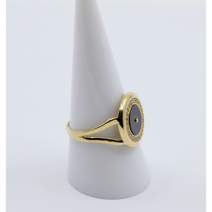 14K Yellow Gold Round Shaped Onyx & CZ Ring