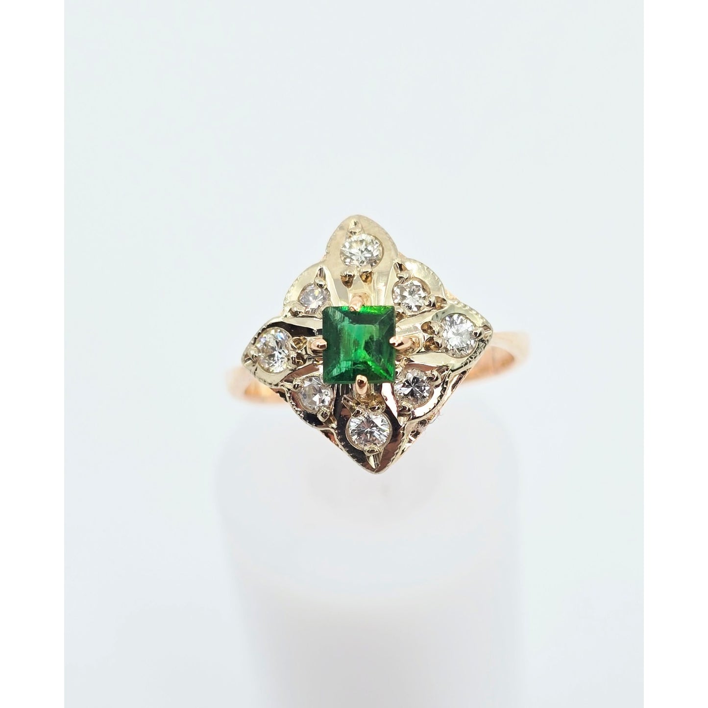 14K Two Tone Gold Diamond & Green Crystal Ring