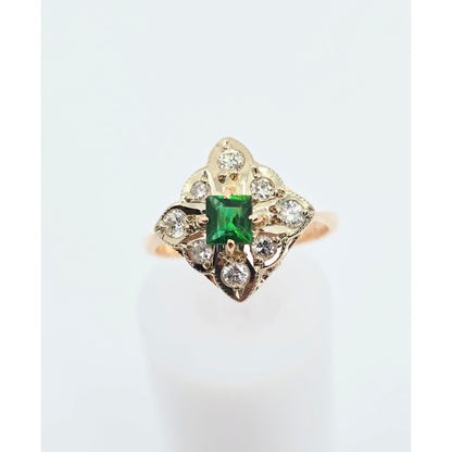 14K Two Tone Gold Diamond & Green Crystal Ring
