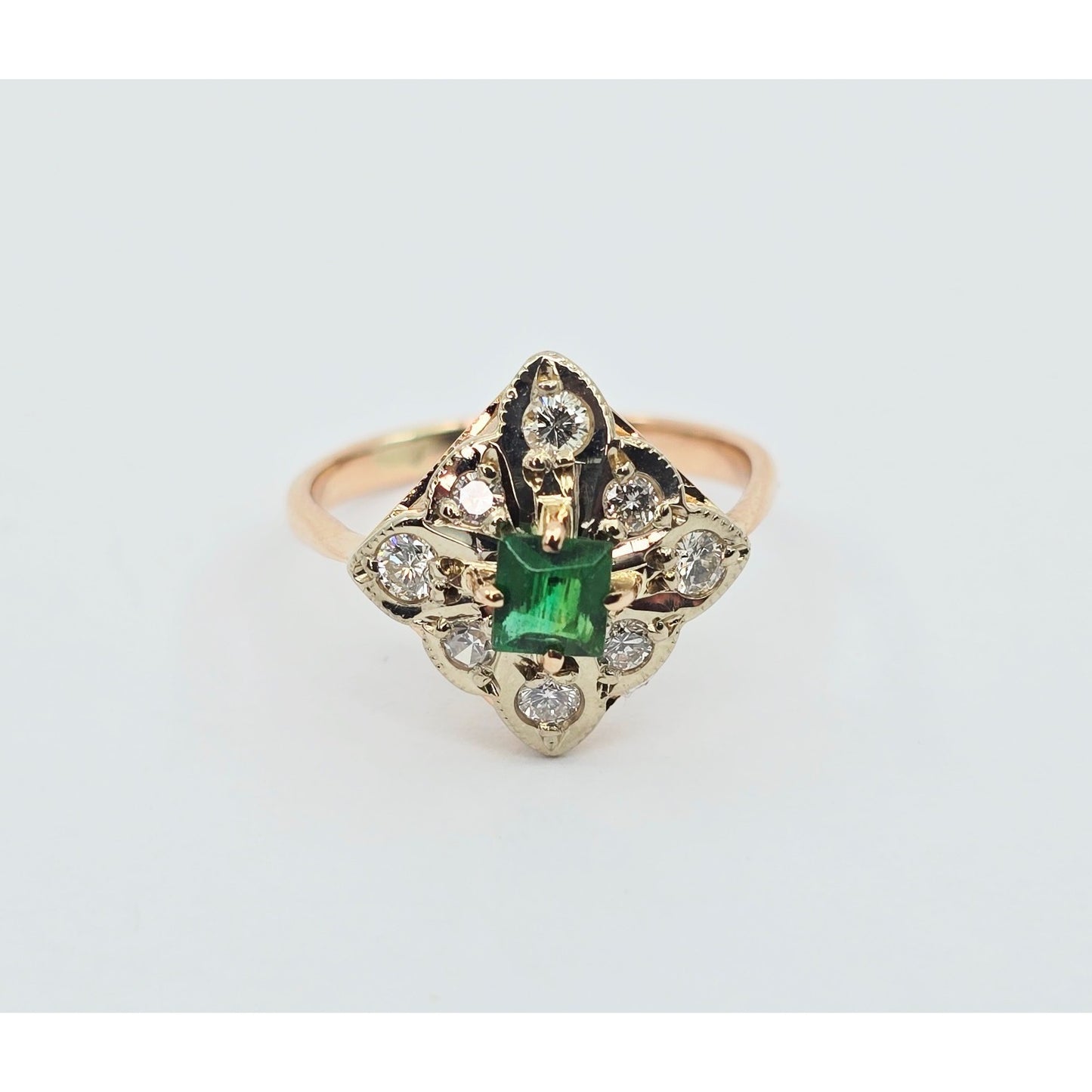 14K Two Tone Gold Diamond & Green Crystal Ring