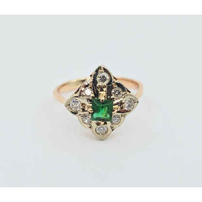 14K Two Tone Gold Diamond & Green Crystal Ring
