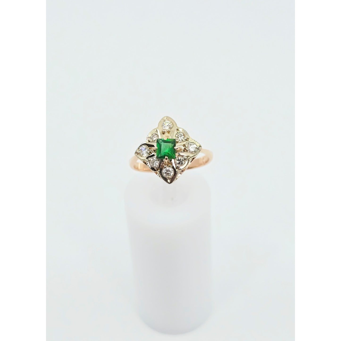 14K Two Tone Gold Diamond & Green Crystal Ring