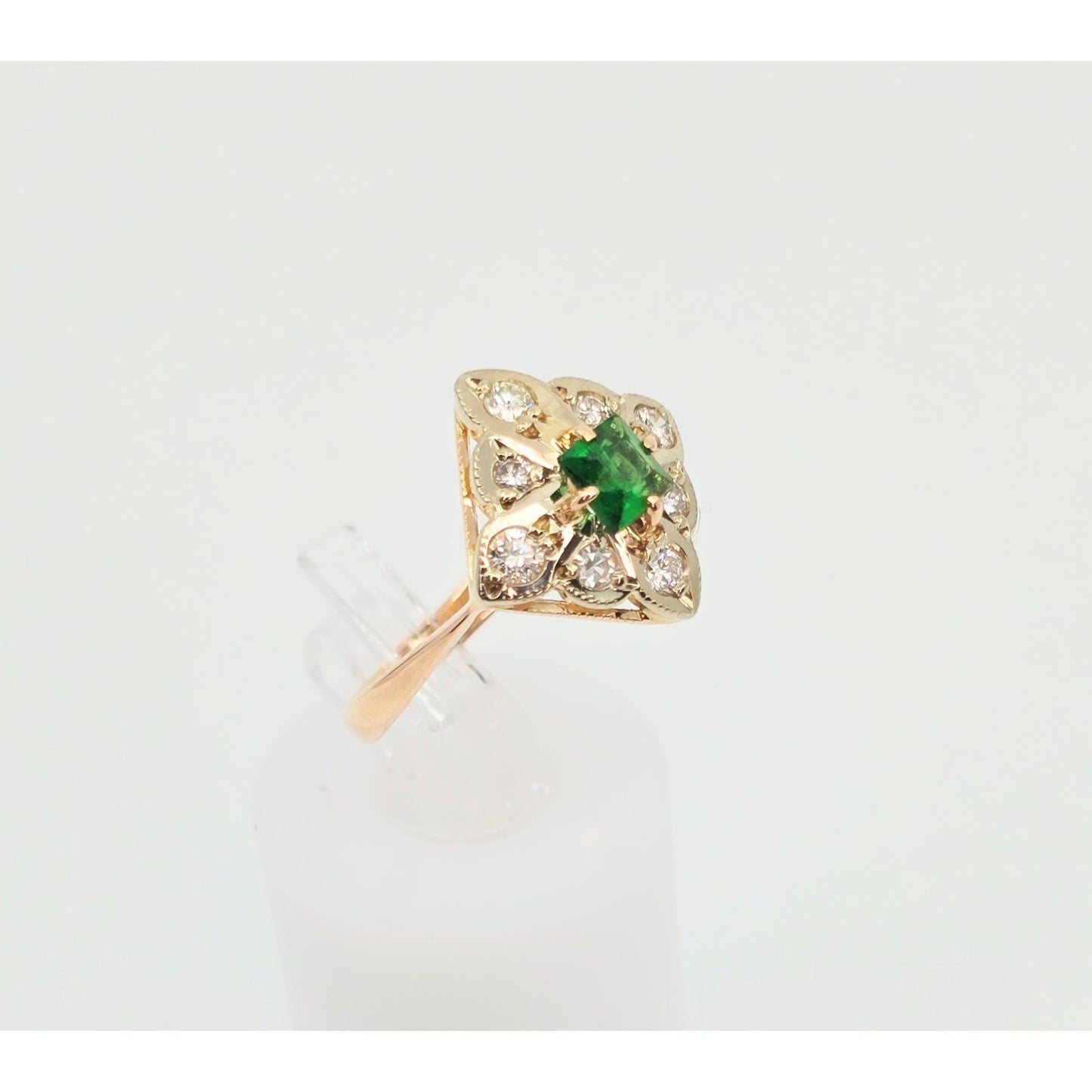 14K Two Tone Gold Diamond & Green Crystal Ring