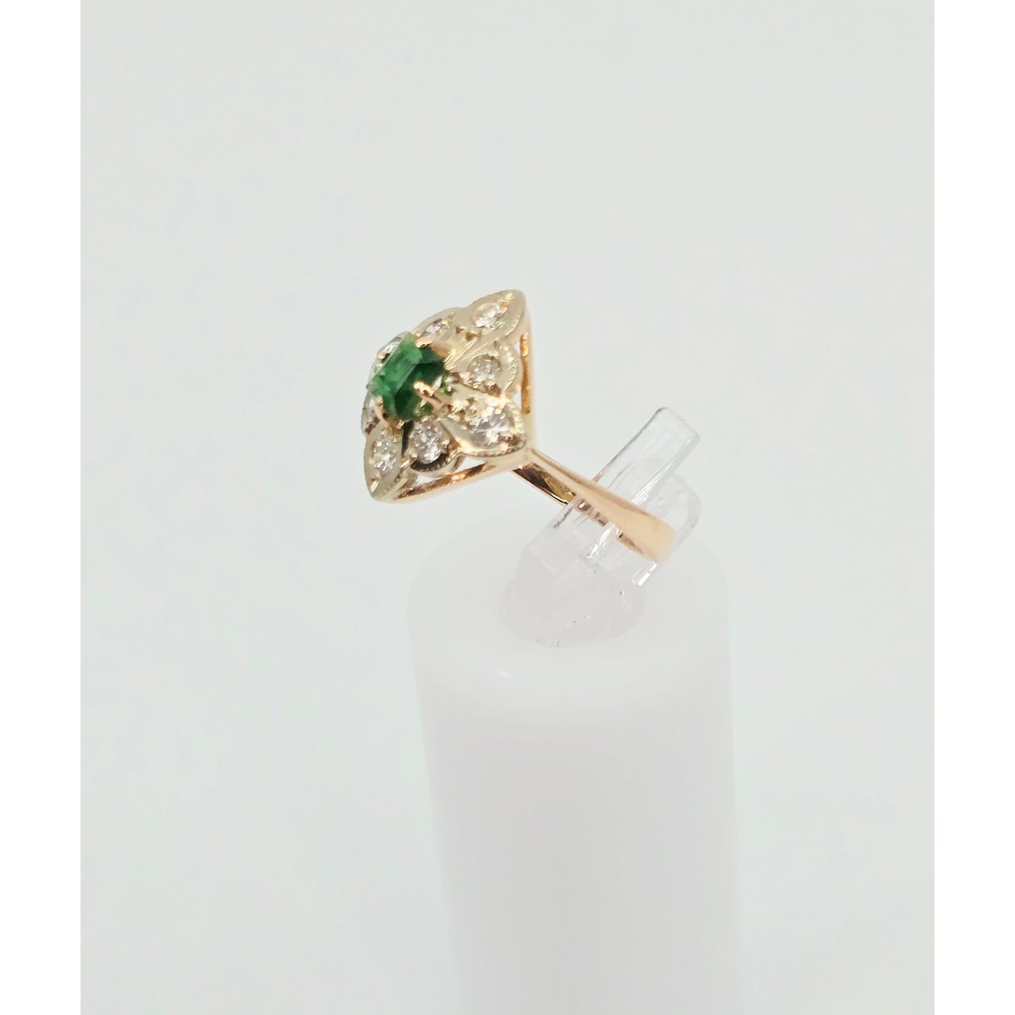 14K Two Tone Gold Diamond & Green Crystal Ring
