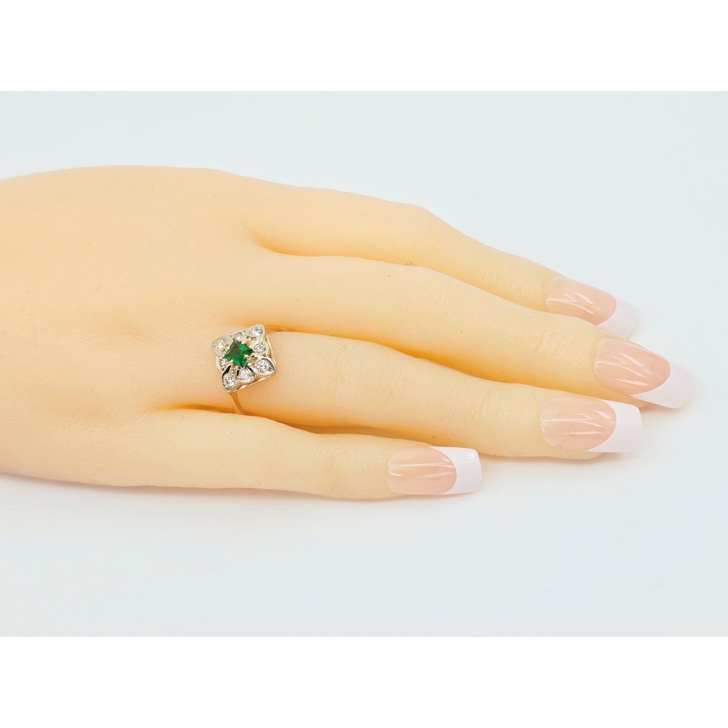 14K Two Tone Gold Diamond & Green Crystal Ring