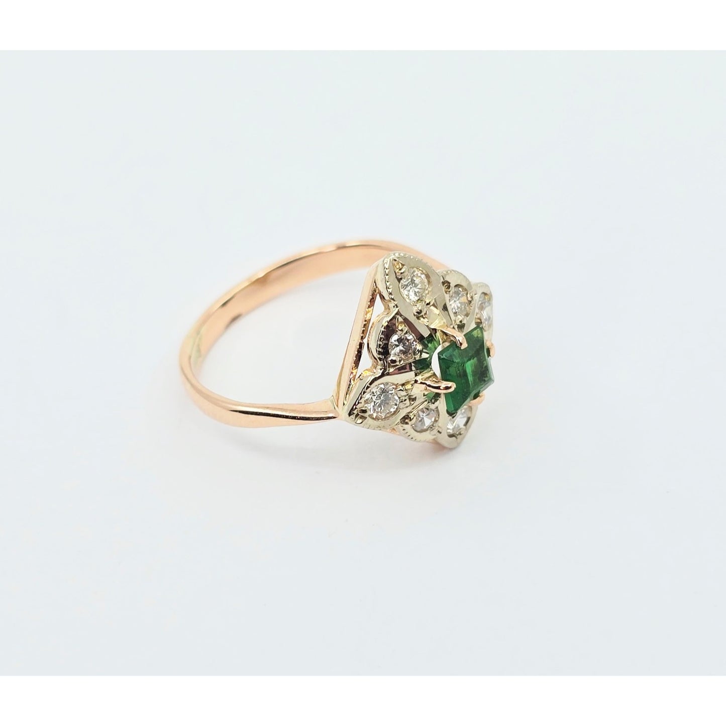 14K Two Tone Gold Diamond & Green Crystal Ring