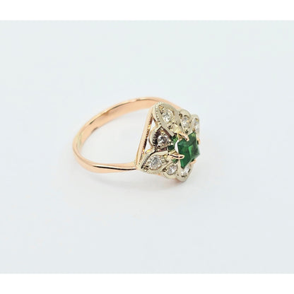 14K Two Tone Gold Diamond & Green Crystal Ring
