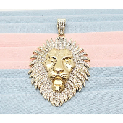 Large 10K Yellow Gold 3D Lion Head CZ Charm Pendant
