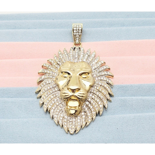 Large 10K Yellow Gold 3D Lion Head CZ Charm Pendant