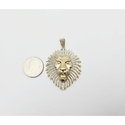 Large 10K Yellow Gold 3D Lion Head CZ Charm Pendant
