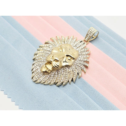 Large 10K Yellow Gold 3D Lion Head CZ Charm Pendant