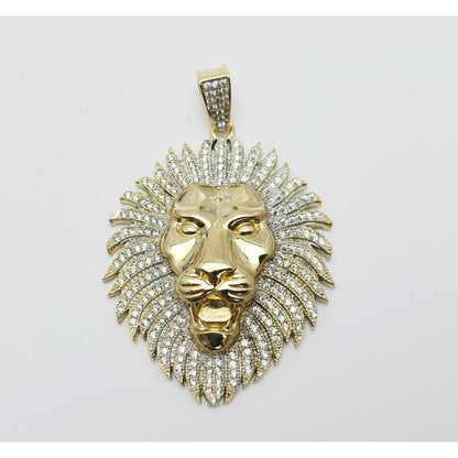 Large 10K Yellow Gold 3D Lion Head CZ Charm Pendant