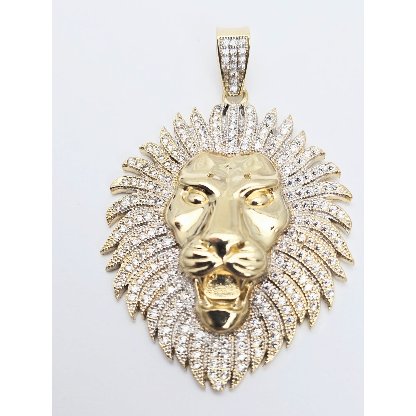 Large 10K Yellow Gold 3D Lion Head CZ Charm Pendant