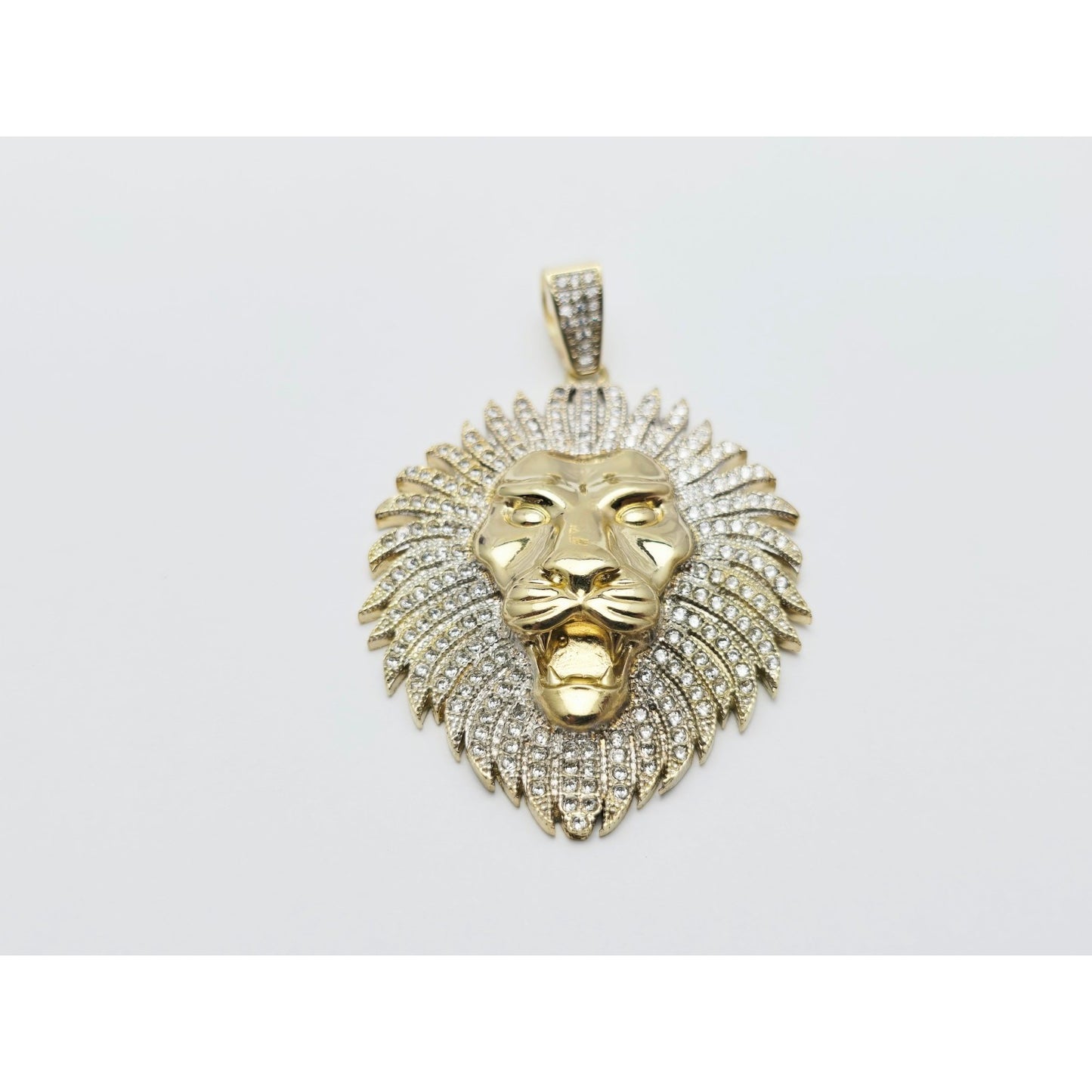Large 10K Yellow Gold 3D Lion Head CZ Charm Pendant