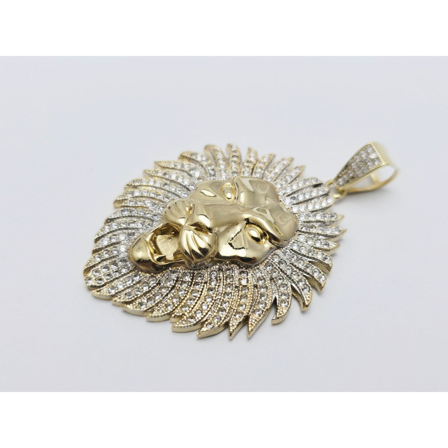 Large 10K Yellow Gold 3D Lion Head CZ Charm Pendant