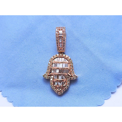 14K Rose Gold Round & Baguette Diamond Hamsa Charm Pendant