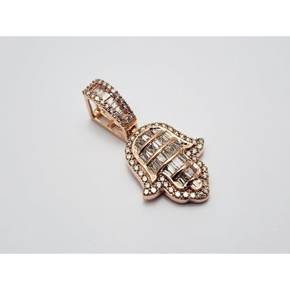 14K Rose Gold Round & Baguette Diamond Hamsa Charm Pendant