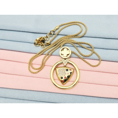 18K Yellow Gold Round V Enamel Charm Pendant Resizable Link Chain Necklace