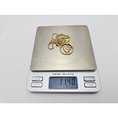 18K Yellow Gold Round V Enamel Charm Pendant Resizable Link Chain Necklace