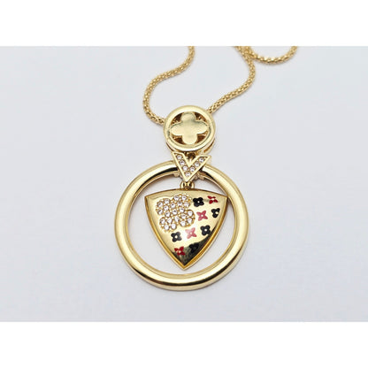 18K Yellow Gold Round V Enamel Charm Pendant Resizable Link Chain Necklace