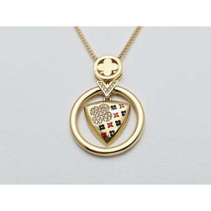 18K Yellow Gold Round V Enamel Charm Pendant Resizable Link Chain Necklace