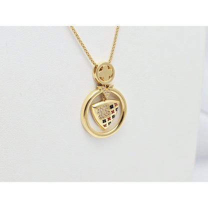 18K Yellow Gold Round V Enamel Charm Pendant Resizable Link Chain Necklace
