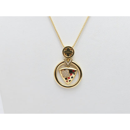18K Yellow Gold Round V Enamel Charm Pendant Resizable Link Chain Necklace