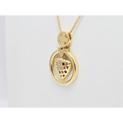 18K Yellow Gold Round V Enamel Charm Pendant Resizable Link Chain Necklace