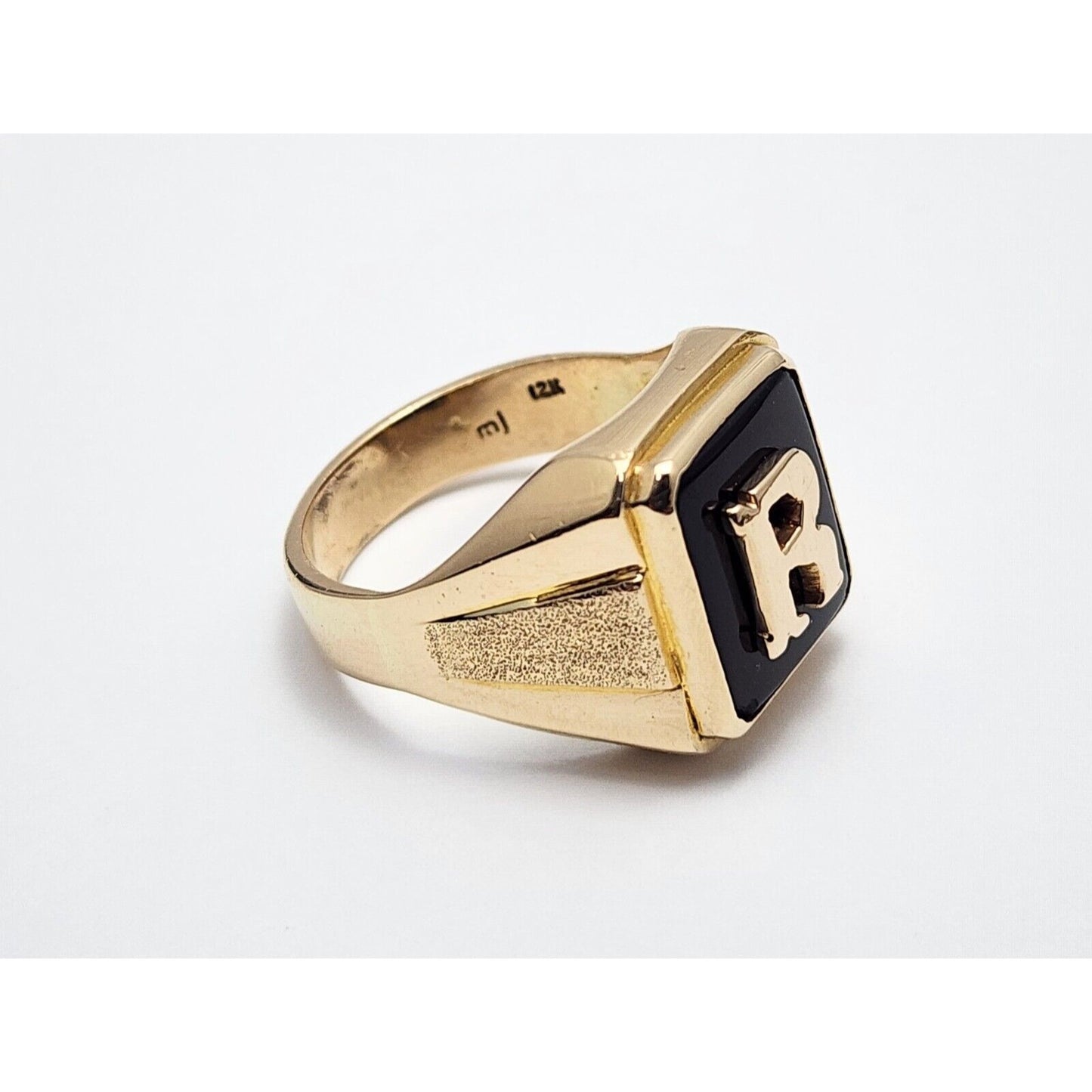 12K Yellow Gold Black Onyx Initial "R" Ring