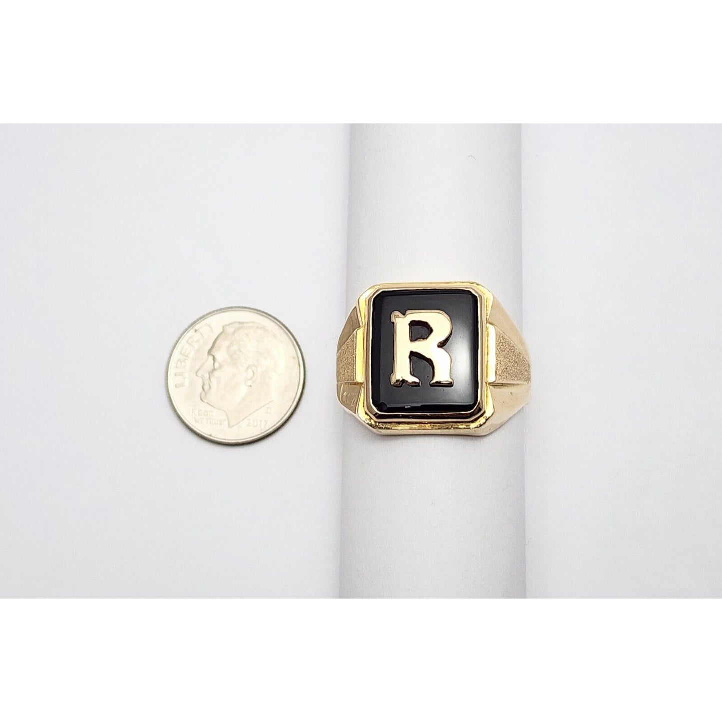 12K Yellow Gold Black Onyx Initial "R" Ring