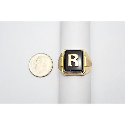 12K Yellow Gold Black Onyx Initial "R" Ring