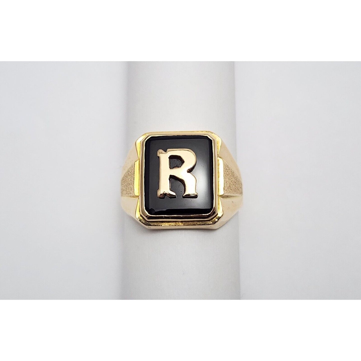 12K Yellow Gold Black Onyx Initial "R" Ring