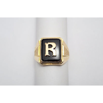 12K Yellow Gold Black Onyx Initial "R" Ring