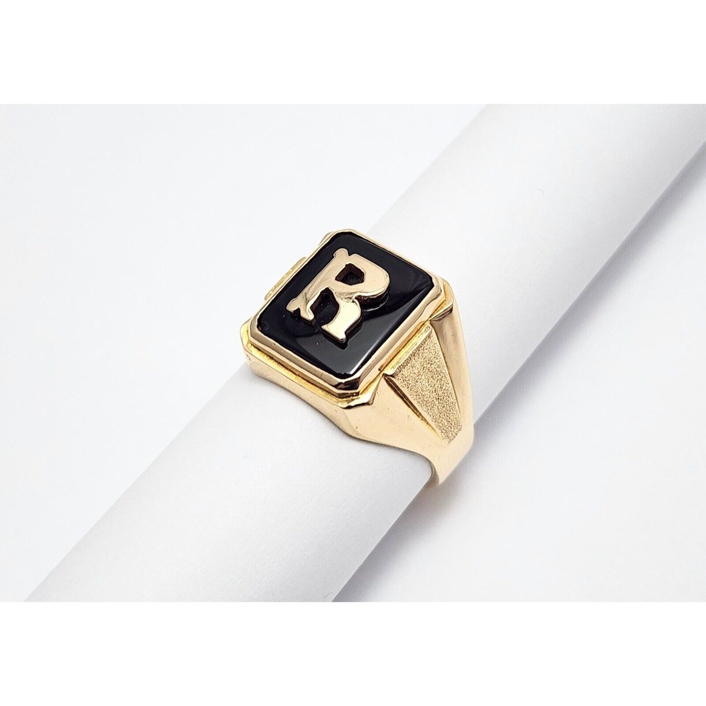 12K Yellow Gold Black Onyx Initial "R" Ring