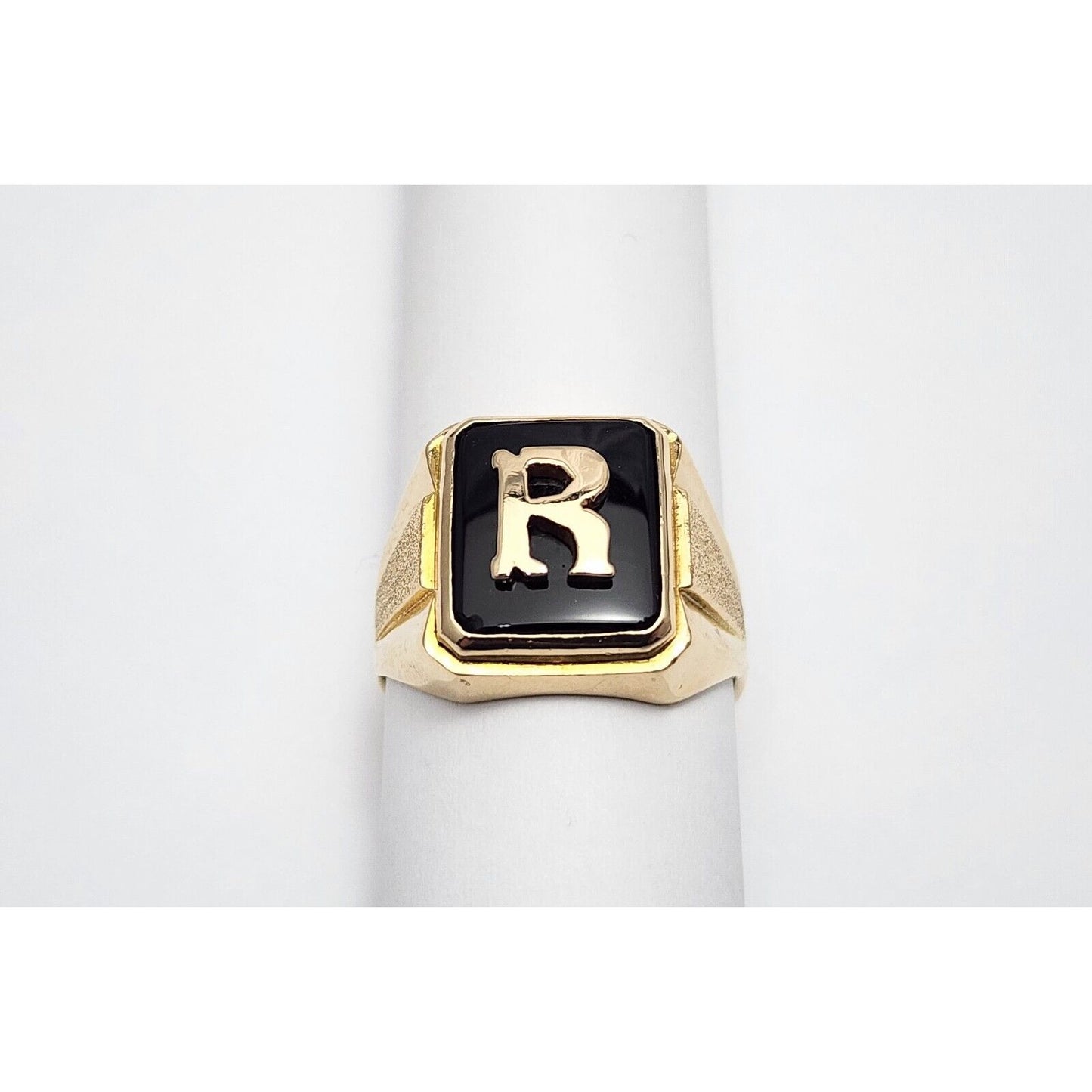 12K Yellow Gold Black Onyx Initial "R" Ring