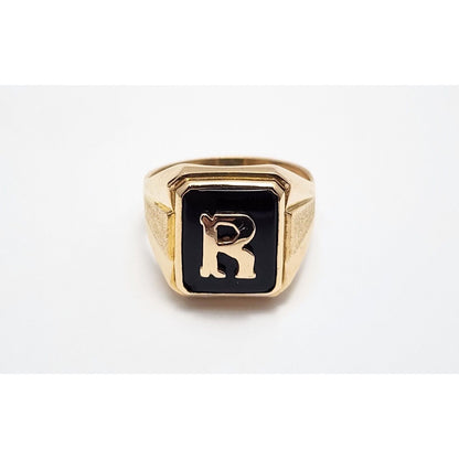 12K Yellow Gold Black Onyx Initial "R" Ring