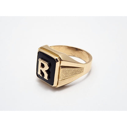 12K Yellow Gold Black Onyx Initial "R" Ring